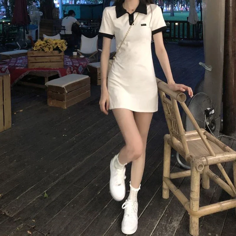 Polo Women's Dress Summer Y2K One Pieces Korea White Short Sleeve Mini Skirt Slim Tight Collar Dress Female Kpop Outfit Ins