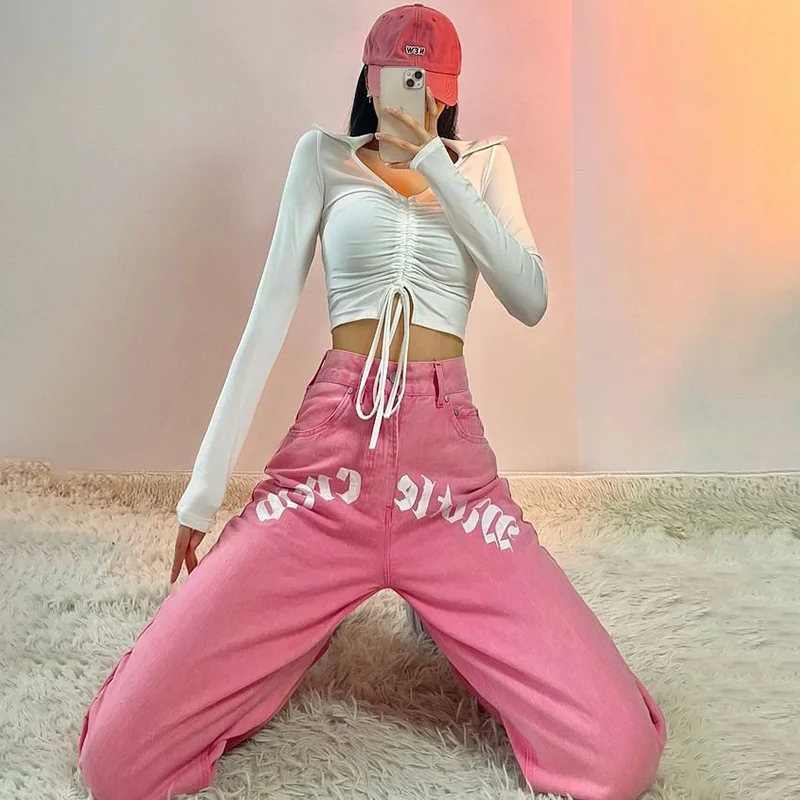 

Vintage Letters Printed Pink Y2k Baggy Jeans Women American Style Printing Women's Streetwear Denim Pants High Waist Trousers