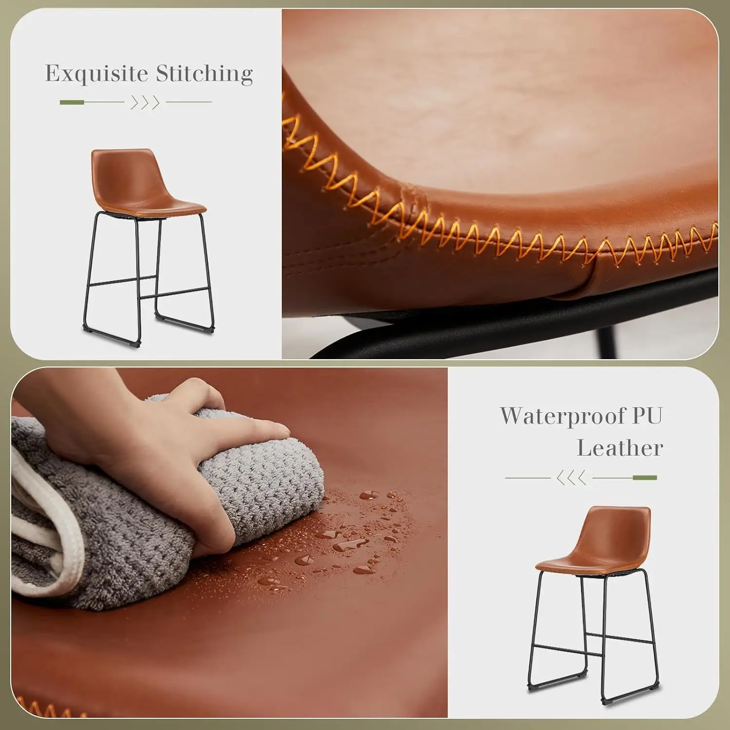 Counter Altura Bar Stools Set, falso couro, bancos altos com costas e perna de metal, cadeiras marrons, moderno, 4 polegadas, 26 polegadas