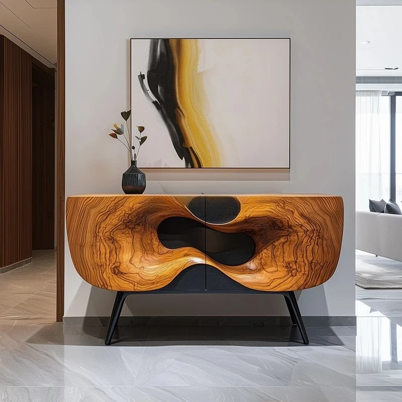 

Italian retro entrance cabinet is opposite the door, creative solid wood edge, living room walnut decoration