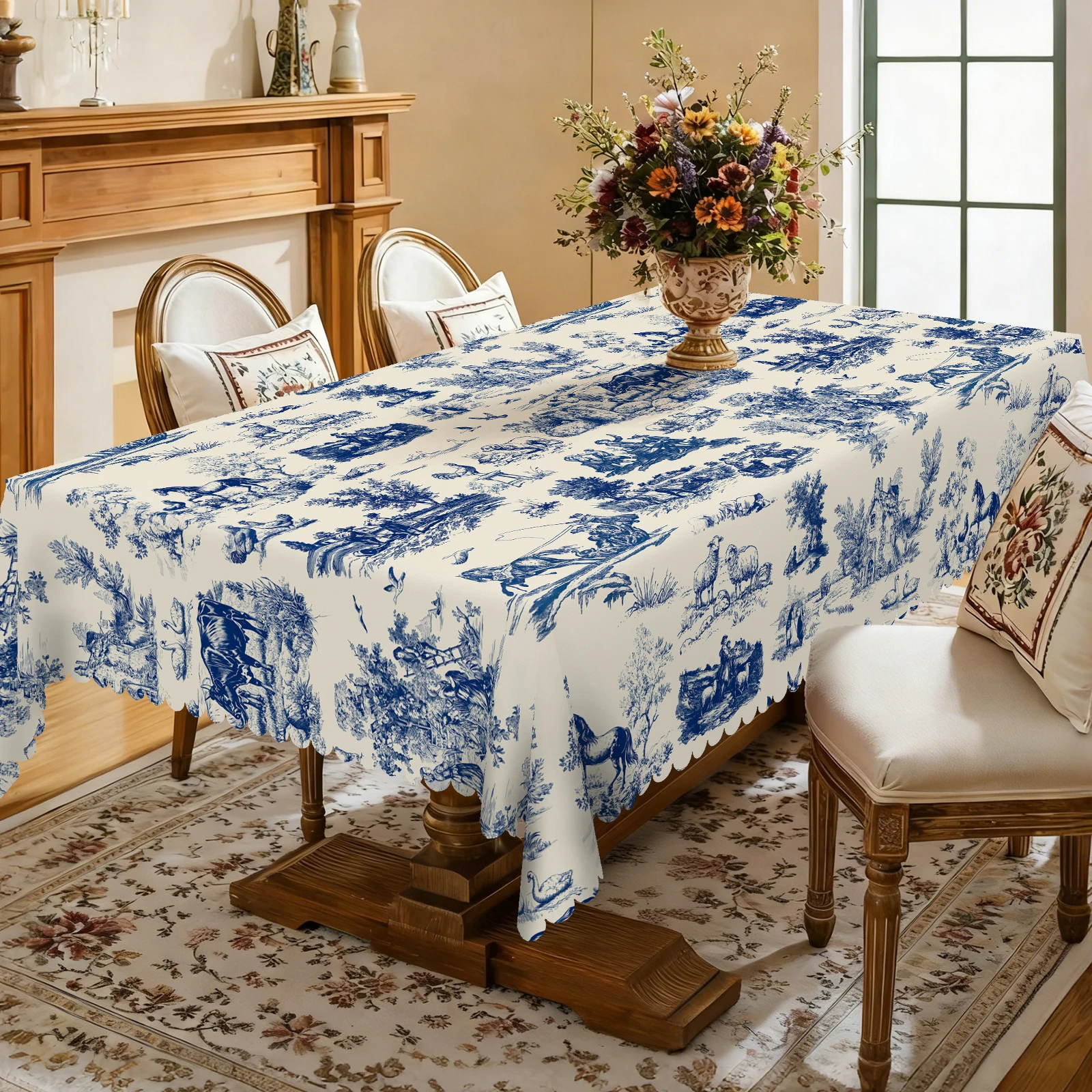 Blue and White Vintage Pastoral Illustration Tablecloth, Featuring Cute Calves, Birds, Puppies, and Other Animals, with a Pastoral Farming Pattern, Available in Various Sizes, Embossed Edges, Waterproof, Wrinkle-Resistant, Fade-Resistant, Perfect Gift for Family and Friends, Rectangular and Round Table Covers, Suitable for Spring, Summer, Autumn, and Winter, for Home Kitchens, Rooms, Courtyards, Balconies, Picnics, Cafes, Restaurant Tables Bn004