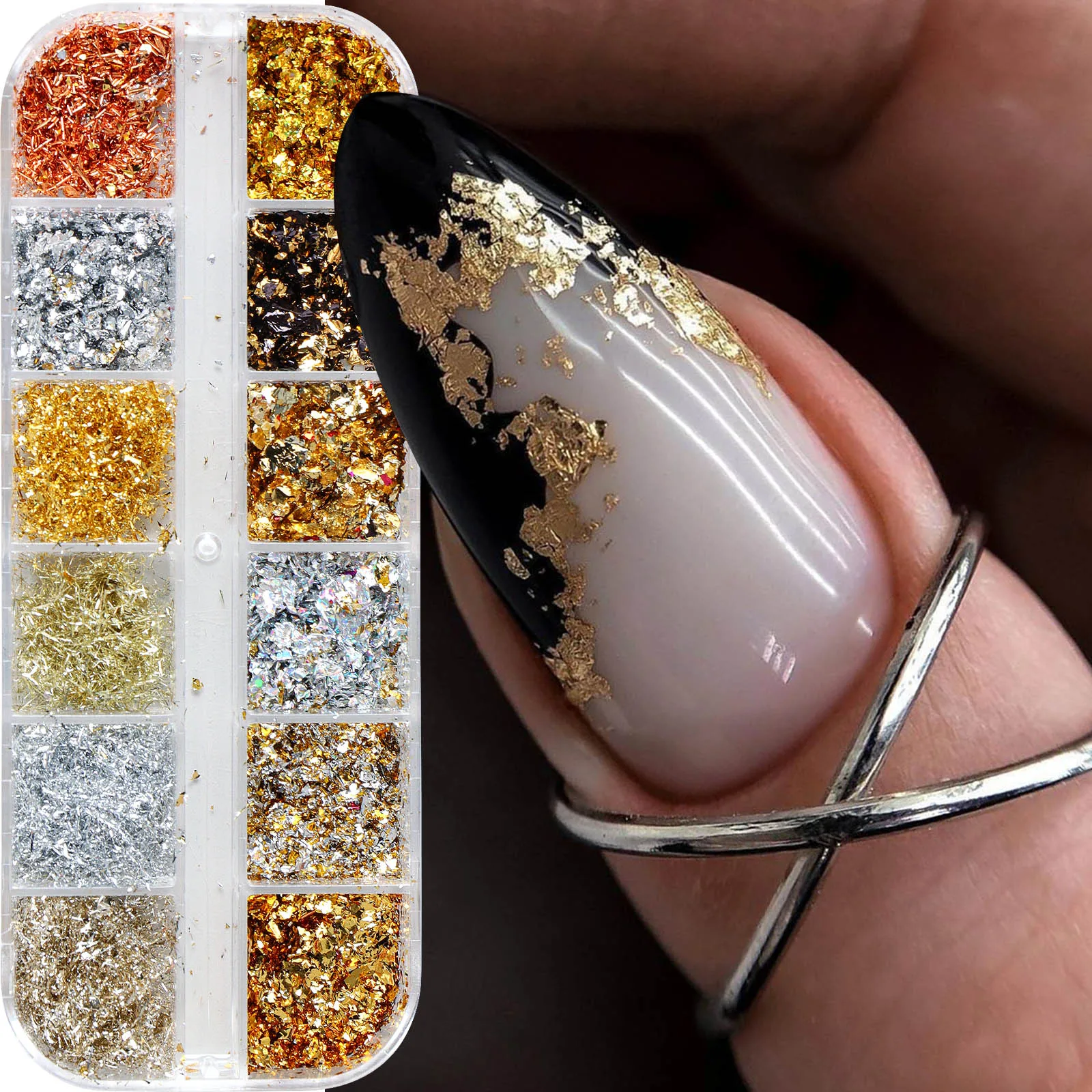 12 Grids Golden Silvery Nail Foil Glitter Metallic Aluminum Sequins Y2K Metal Powder Nail Art Foil Paper for Nail Decorations