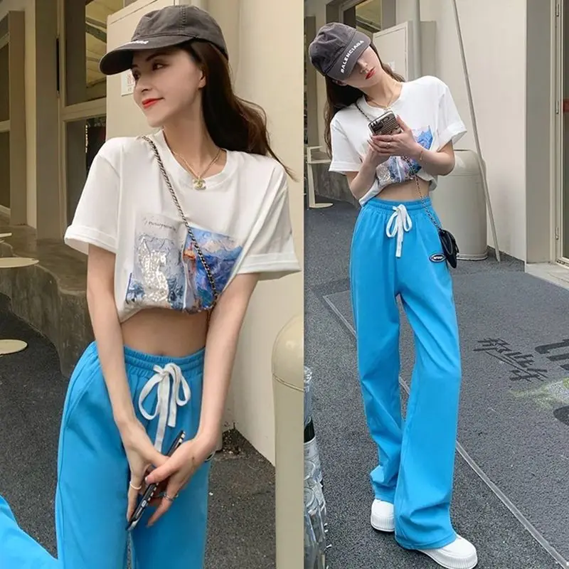 패션 여성 세트 봄과 여름 한국어 버전 간단한 반팔 루즈 캐주얼 와이드 레그 팬츠 투피스 세트