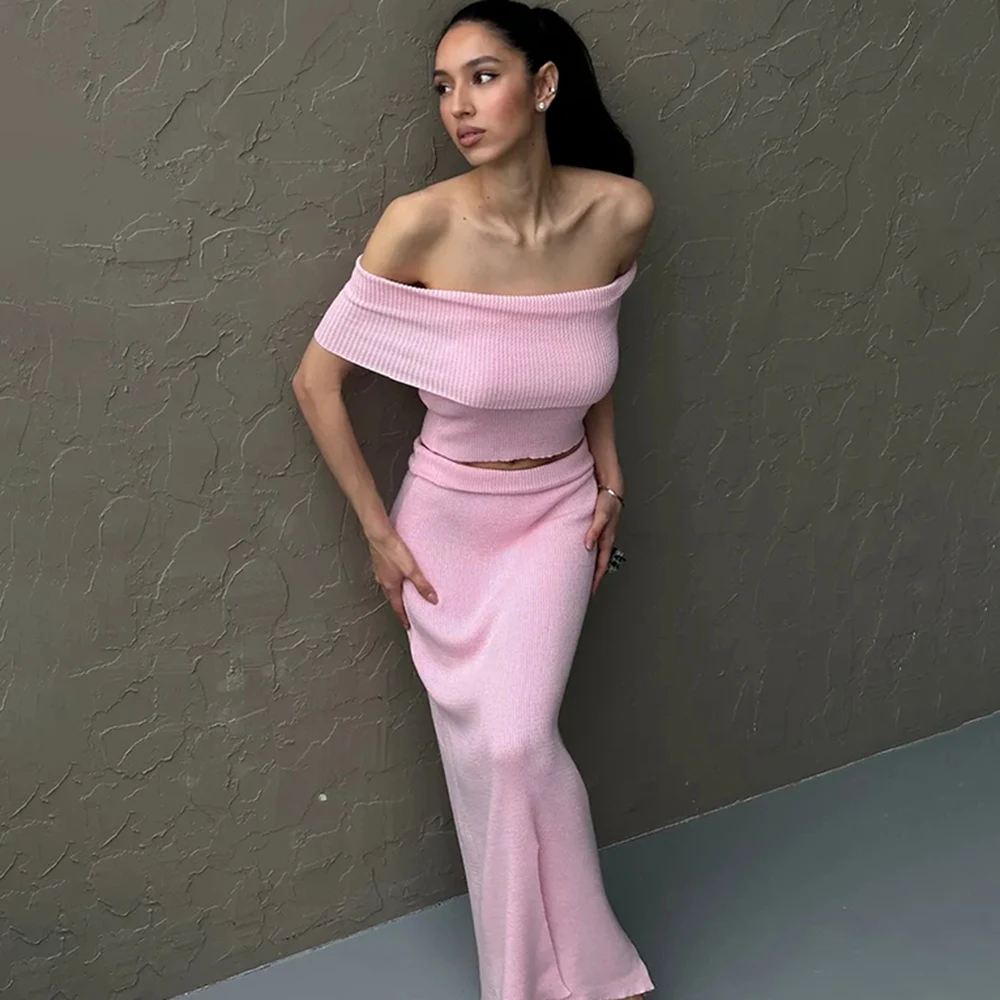 

Ticketsx Solid Knitted Skirt Set Women's One Shoulder Sleeveless Navel Expose Top Slit Skirt Set Female Evening Party Skirt Sets