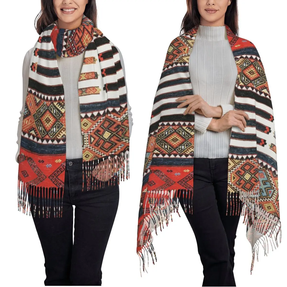 クルド人、トルコ人、キリム、ボヘミアン、ペルシャ、部族、民族芸術、スカーフ、タッセル付きスカーフ、女性用、柔らかく暖かいショールとラップ、ロングショールラップ