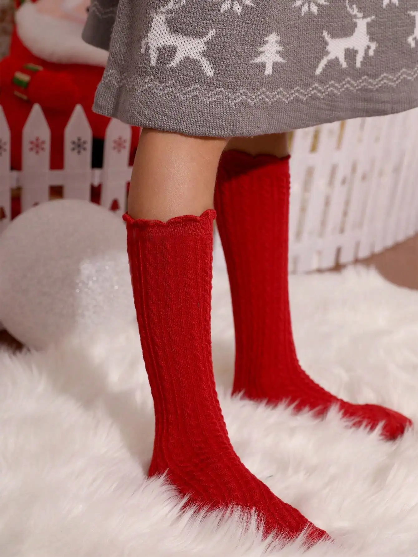 6Pairs Kids Frill Knee High Socks Solid Cable Knit Cotton Straight Long Socks Girls School Uniform Holiday Party Wear Ages 3-8Y