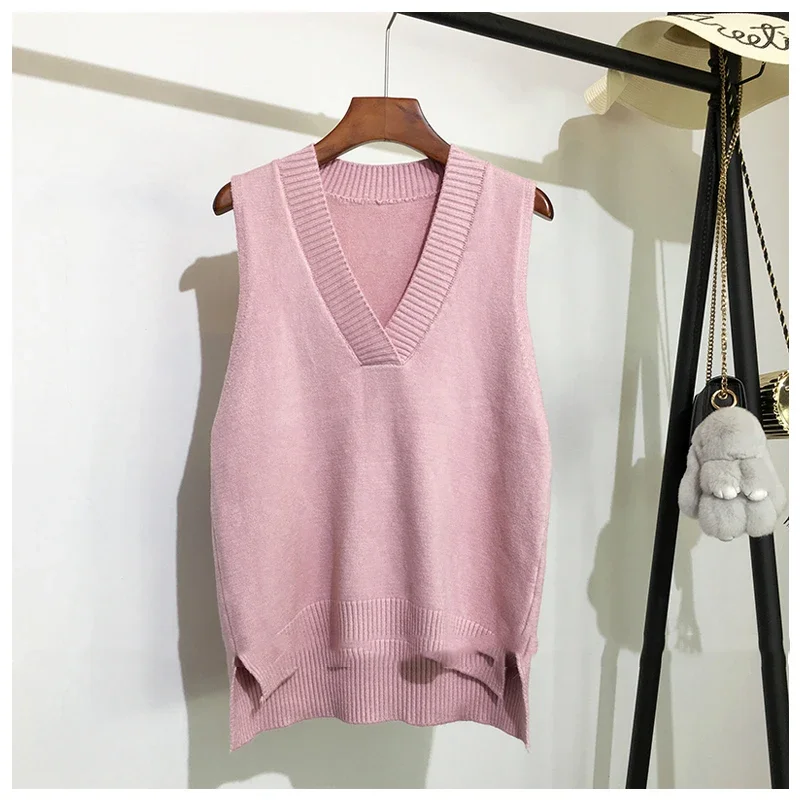 Women\'s Sweater Vest Sleeveless V Neck Basic Pink Autumn Winter Korean Fashion Loose Knitted Women\'s Jumper Knit Sweaters Tops