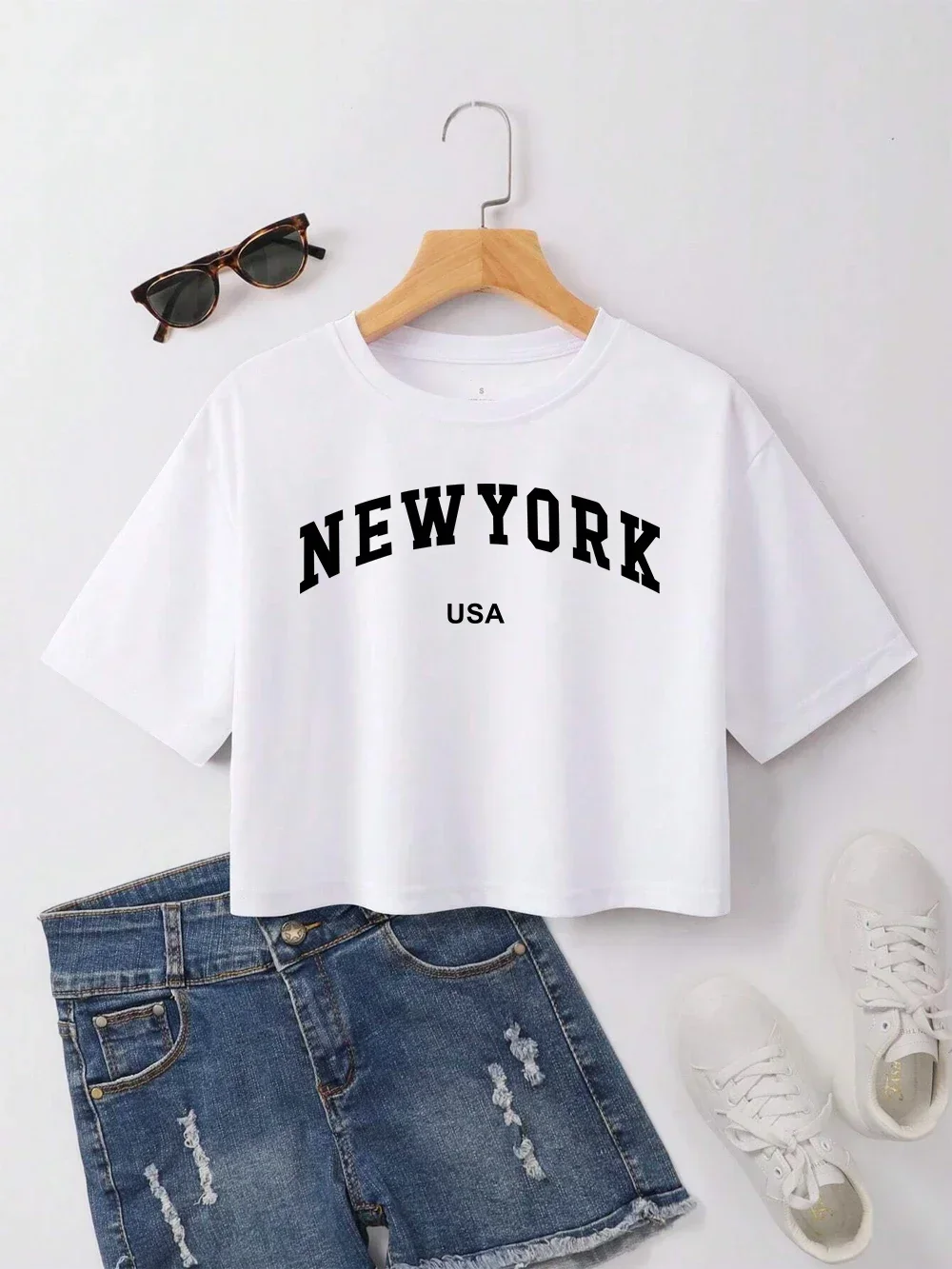 New York USA Letter Printed Tee Shirts Cotton Women Crop T-shirts Casual Loose O-Neck Short Sleeves Clothes Fashion Female Tops