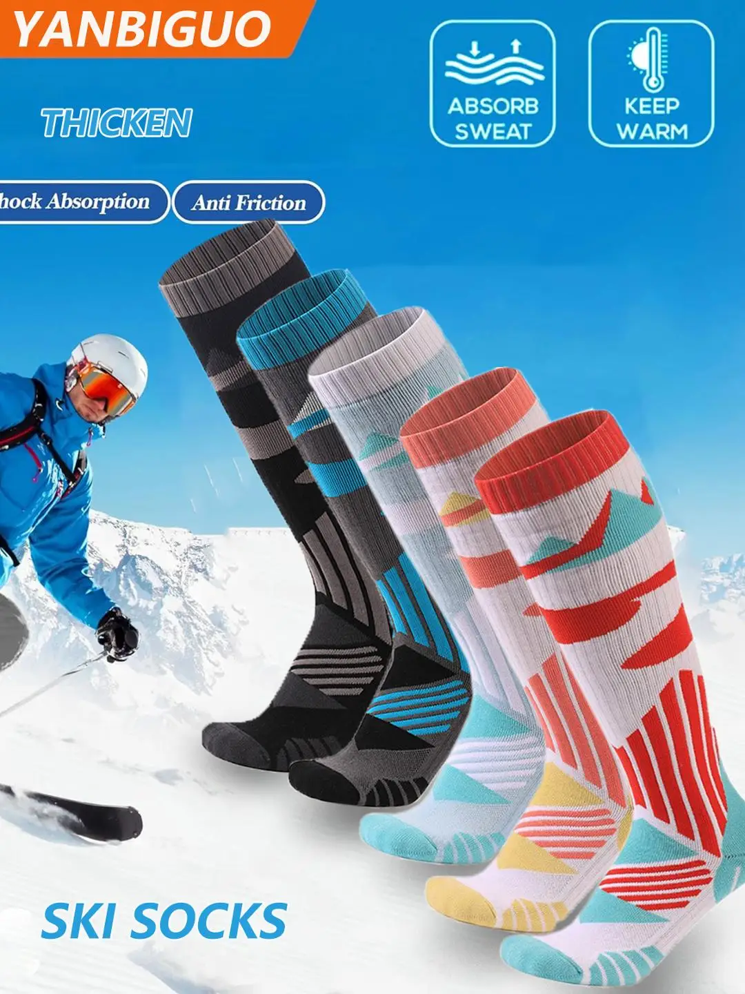 AliExpress NONE YANBIGUO 2 Pairs Thicken Ski Socks,Thermal Warm Winter Knee-High Snowboarding Skiing Sock for Hiking,Cycling,Snow,Snowboarding