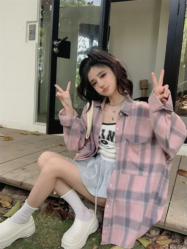 الكورية الرجعية الوردي منقوشة بولو طوق طويلة الأكمام قميص للنساء الخريف Harajuku عادية فضفاض تنوعا ملابس خارجية القمم سترة