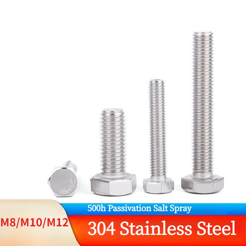 New Listing Hex Head Bolts 500h Salt Spray Passivation Hex Bolts M8 M10 M12 304 Stainless Steel Screws