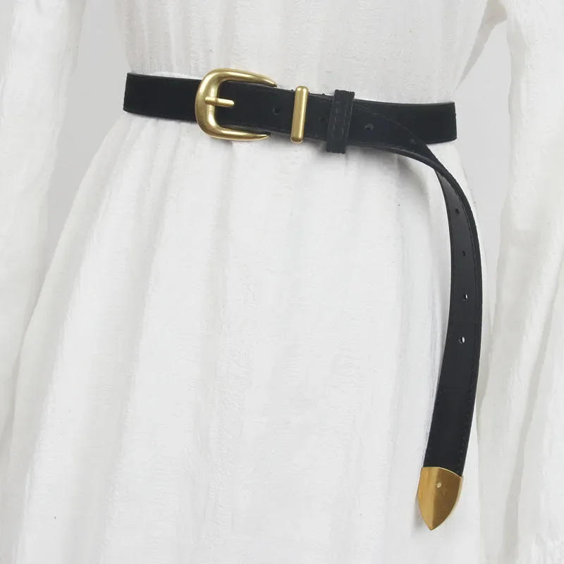 2.4cm Woman Korean Style Fashion Vintage Design Suede Belt, Women's Genuine Leather Gold Buckle Casual Pants Coat Dress Belts