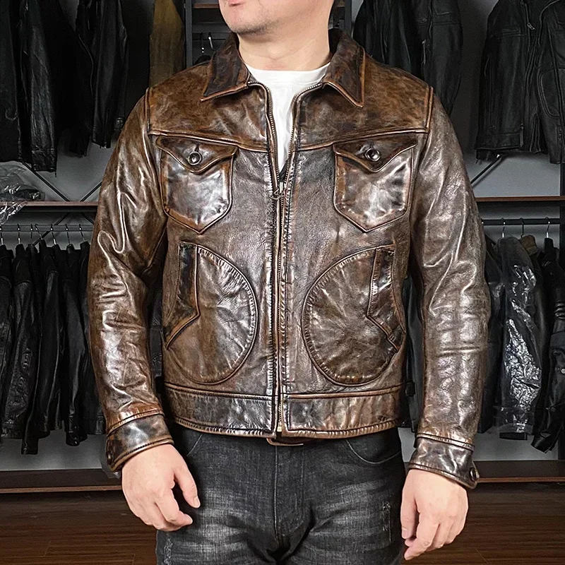 High Quality New Fashion Outdoor Motorbike Oiled Waxed Horsehide Jacket Vintage Men's Genuine Leather Casual Coat Clothes