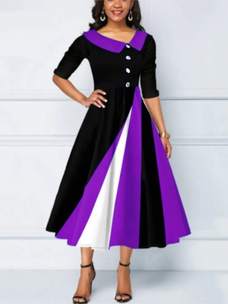 Spring Autumn Women\'s New Button Decoration Fashion 3D Printing Large Swing Five Step Sleeve Doll Neck Long Dress