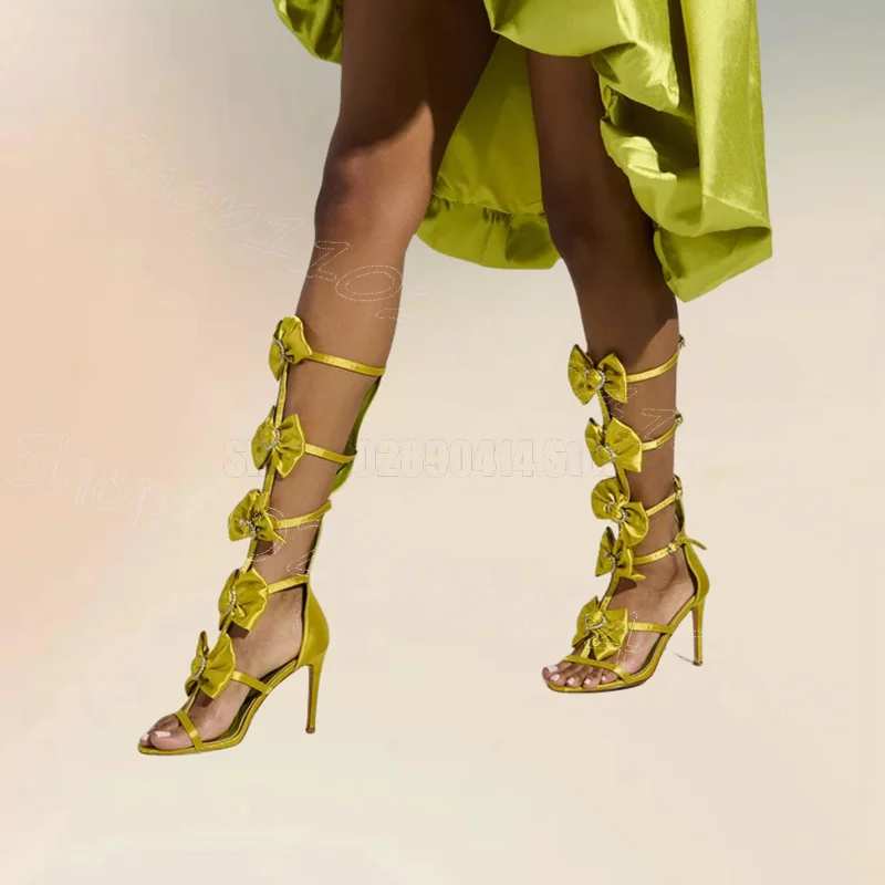 

Yellow Bow Knot Crystal Heart Hollow Design Sandals Back Zipper Women Shoes Thin High Heels Party Feast 2025 Zapatos Para Mujere