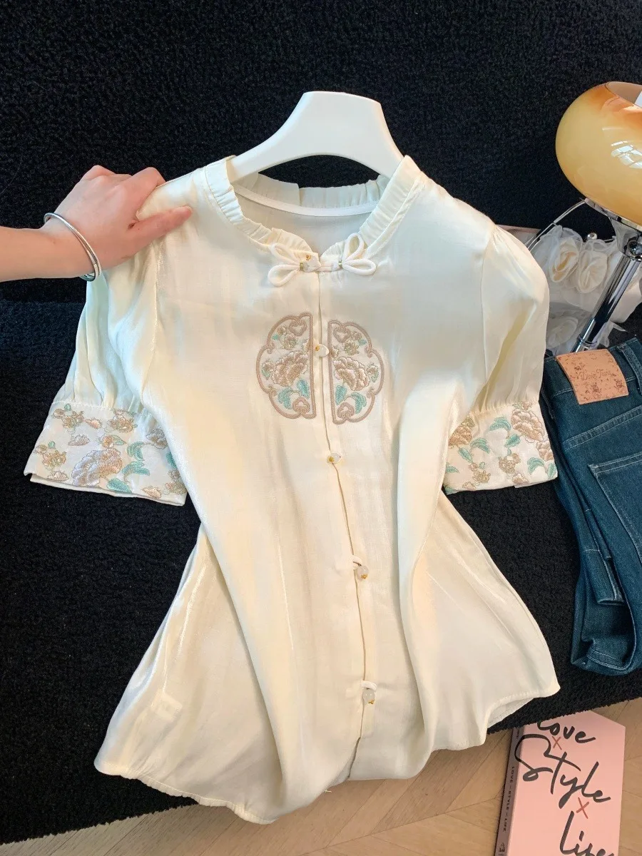 

Retro Chinese Style Short Sleeve T-Shirt Women's Summer Elegance Stand Collar Satin Embroidery Silk Chiffon Top