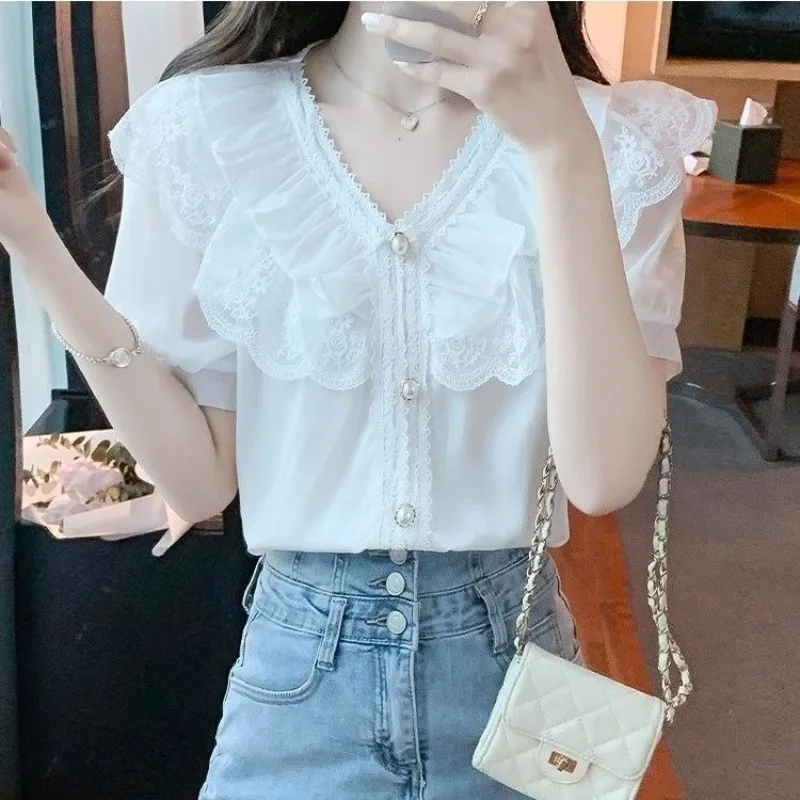 Simplicity Commute Summer New Women\'s Solid Sweet Spliced Lace Ruffles Button Shirts Loose V-neck Short Sleeve Chiffon Blouses