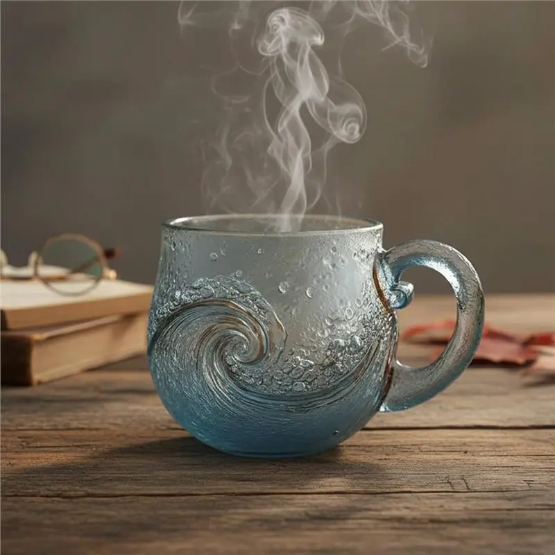 Gelas ABZV-Wave 12Oz, Gelas Bergelombang Bertekstur Idiografis Bertema Pecinta Pantai