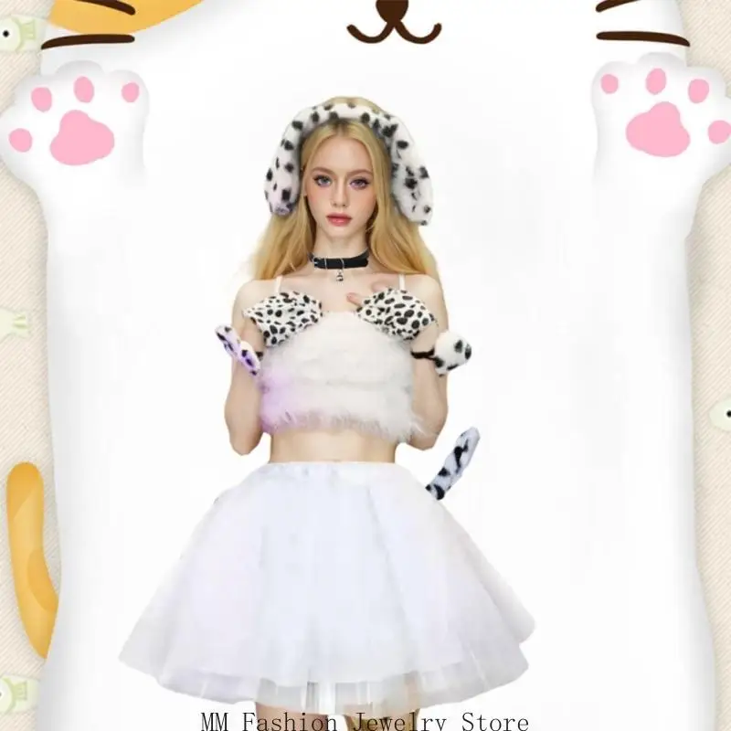 4Pcs Dalmatian Puppy Costume Set Ear Headband Tail Bells Choker Gloves for Kids Halloween Christmas Animal Cosplay