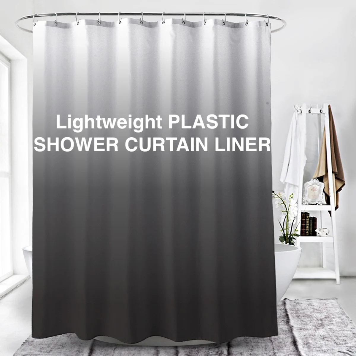 1Pc Gray Gradient Shower Curtain with Plastic Hooks, Peva Plastic Bath Curtain Liner with Metal Grommets, Bathroom Partition