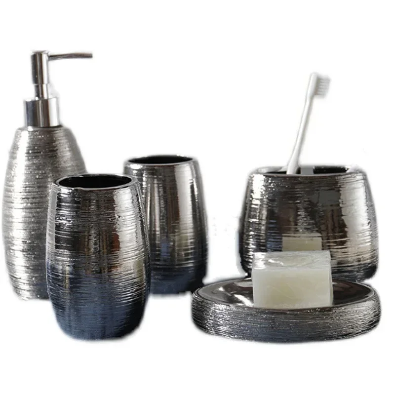 

Ceramic Bathroom Supplies Wash Cup Set 5-piece Home Toiletries Lotion Bottle Toothbrush Holder Mouth Soap Dish