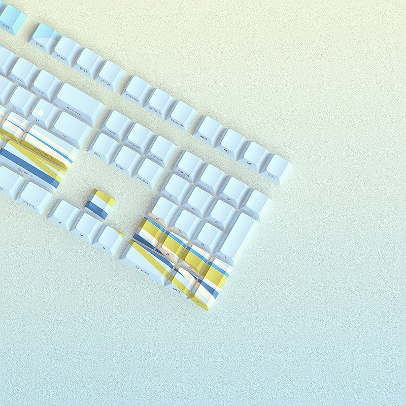 Keycaps PBT Dye-sub Garis Kuning & Biru 128PCS Mini Full Set Dapat Disesuaikan dengan Cetak Samping Backlit Profil OEM