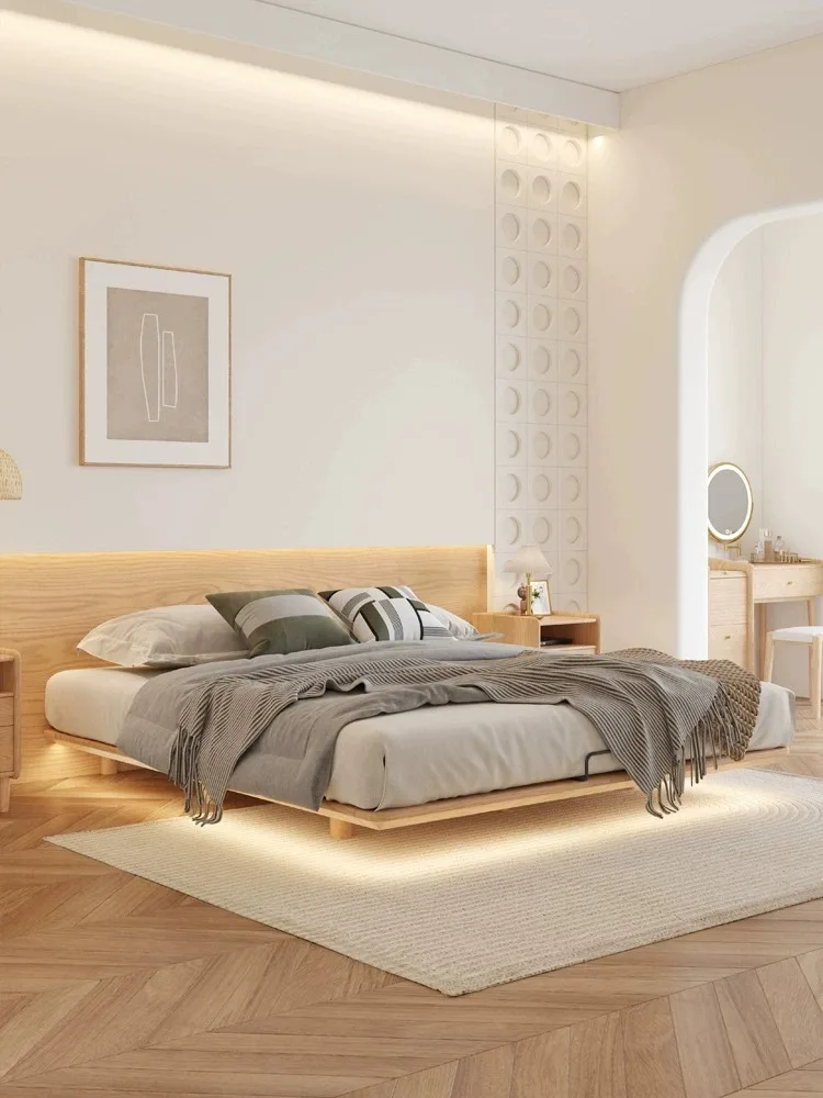 Solid wood suspended bed window minimalist all ash wood decking 2023 new thickened master bedroom simple with lamp no bedside be