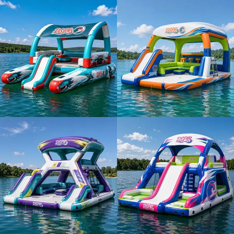 Bar and Canopy Inflatable Floating Island with Slide Unique Structure Eye Catching Water Platform for Summer