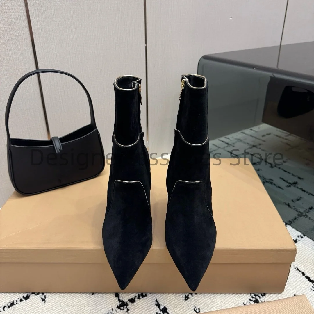 New Autumn Winter Sexy Stacked Ankle Boots High‑luster Suede Cowhide Upper Imported Sheepskin Lining 9.5cm Heel