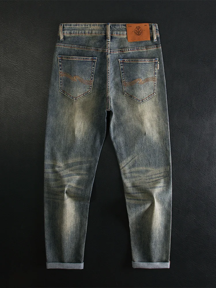 

American retro jeans men's stretch slim trend back pocket embroidered casual pants spring and autumn new men's clothing