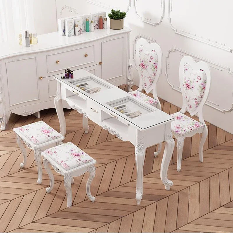 Creative Painted Nail Tables for Nail Salon Solid Wood Double Elegant Pattern Manicure European Unique for Bedroom