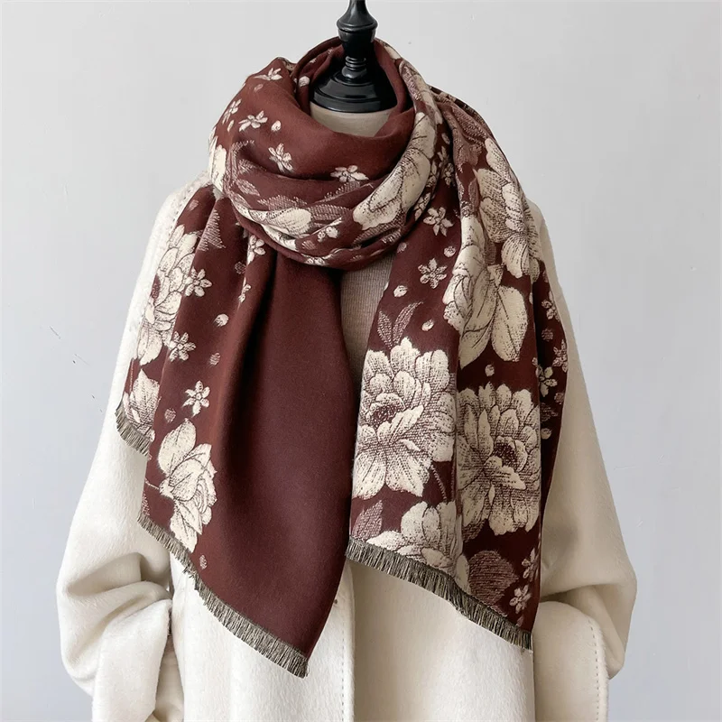 Warm Winter Blanket Cashmere Scarf for Women Design Floral Print Thick Pashmina Shawls and Wraps Bufandas Female Poncho Echarpe