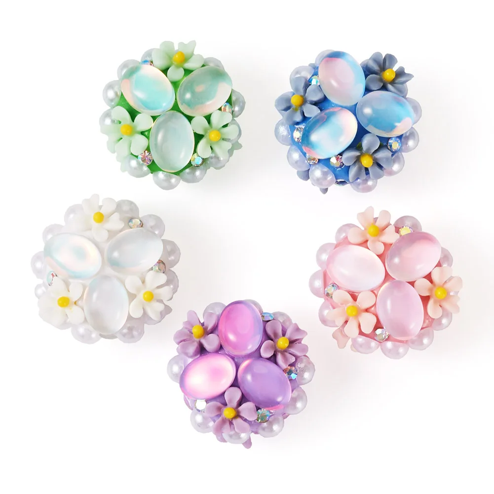 5Pcs 5 Colors Handmade Polymer Clay Beads Round with Flower Spacer Loose Beads for Jewelry Making DIY Handmade Bracelet