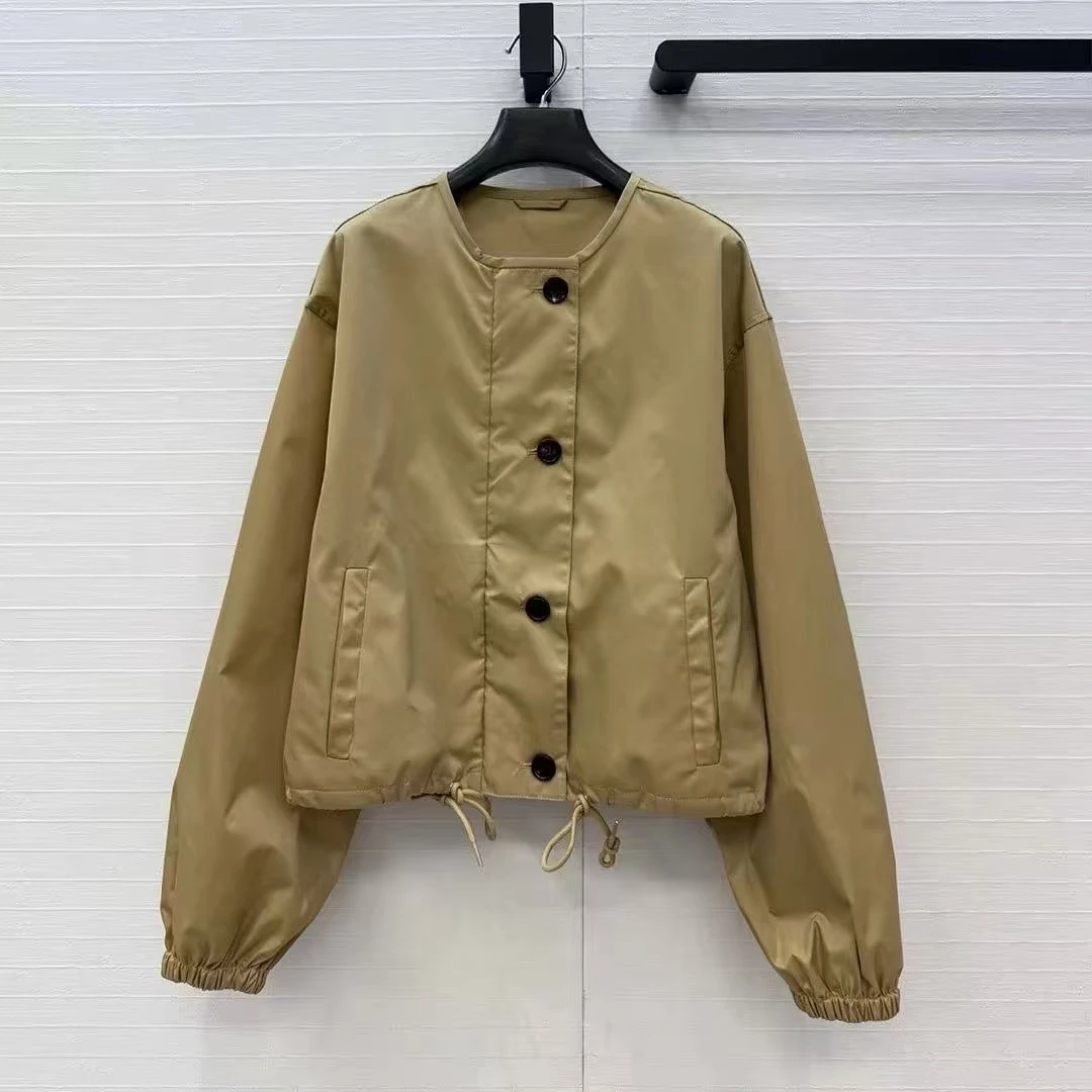 2026 New Autumn Preppy Style Adjustable Drawstring Waist Design Loose Solid Jacket Women O-neck Zipper Single Breasted Cute Coat