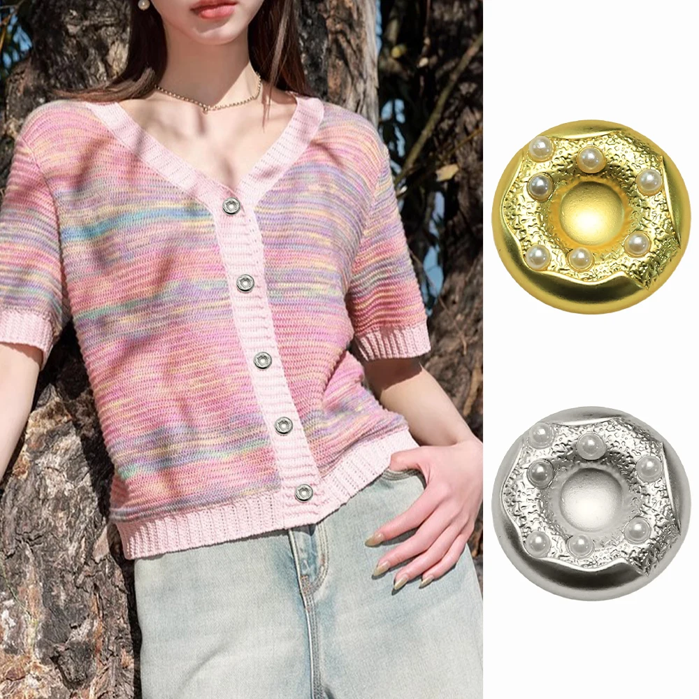 

10pcs Cute Donut Design Pearl Metal Buttons for Coats/Sweaters/Sewing, 18/23mm, Gold/Silver, Fashion Decorative Round Buttons