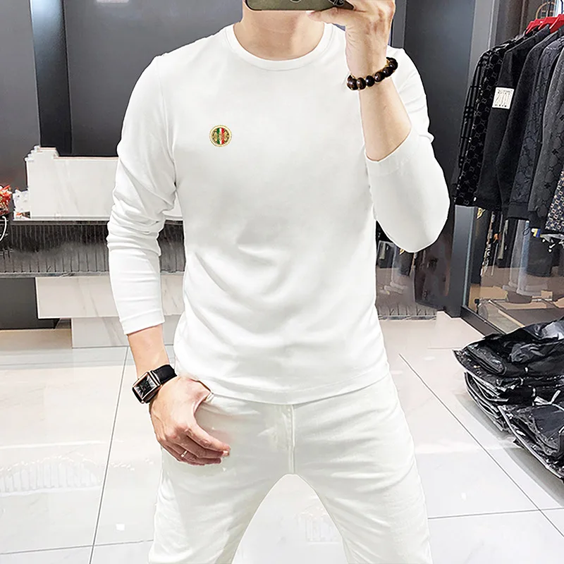 Men Long Sleeve Round Neck Tshirt Rhinestone Bee Detail Slim Fit Comfort Breathable Autumn Casual Undershirt Trendy Clothing