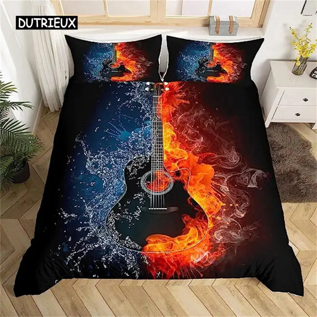 

3D Rock Music Themed Guitar Colorful Duvet Cover Fire and Water Bedding Set Modern Gorgeous Microfiber Polyester for Boy Gifts