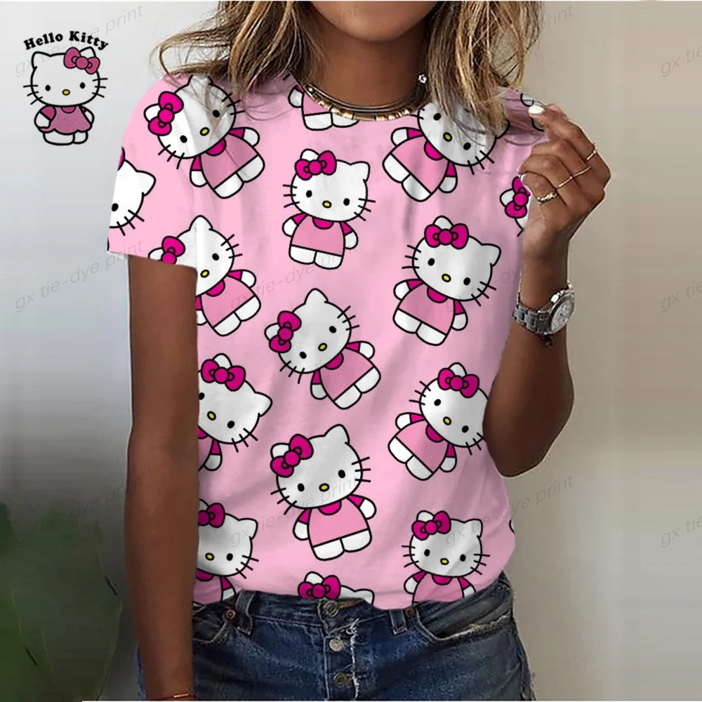 Hello Kitty Print Cute Shirt O-neck Top Kody Kitty Fashion Casual Women's Loose T-shirt 2023 New Discount Top Short Sleeve