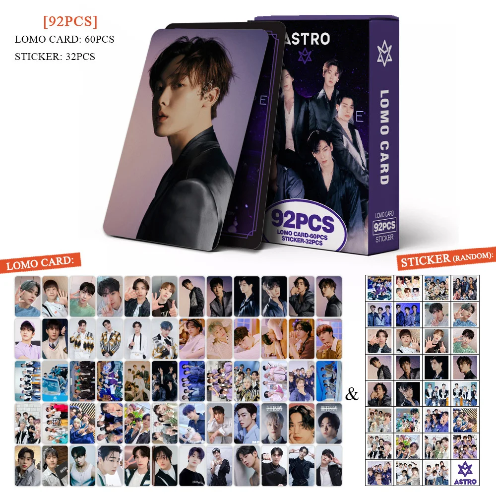 

92pcs/Set ASTRO Boxed Gift 60pcs EunWoo Rocky HD Double Sides Printing LOMO Card 32pcs Self-adhesive Sticker Fans Collections