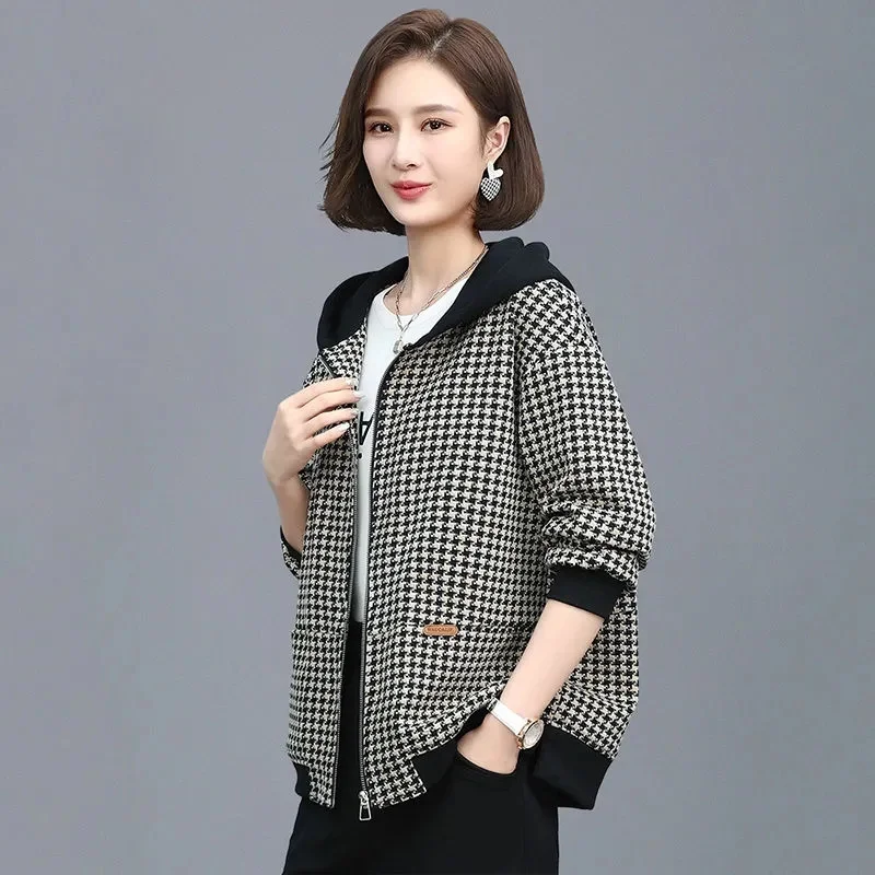 Vintage Ladies Loose Short Coat With Lining Mother Plaid hooded Jacket Women\'s Trendy Houndstooth Spring Autumn Windbreaker