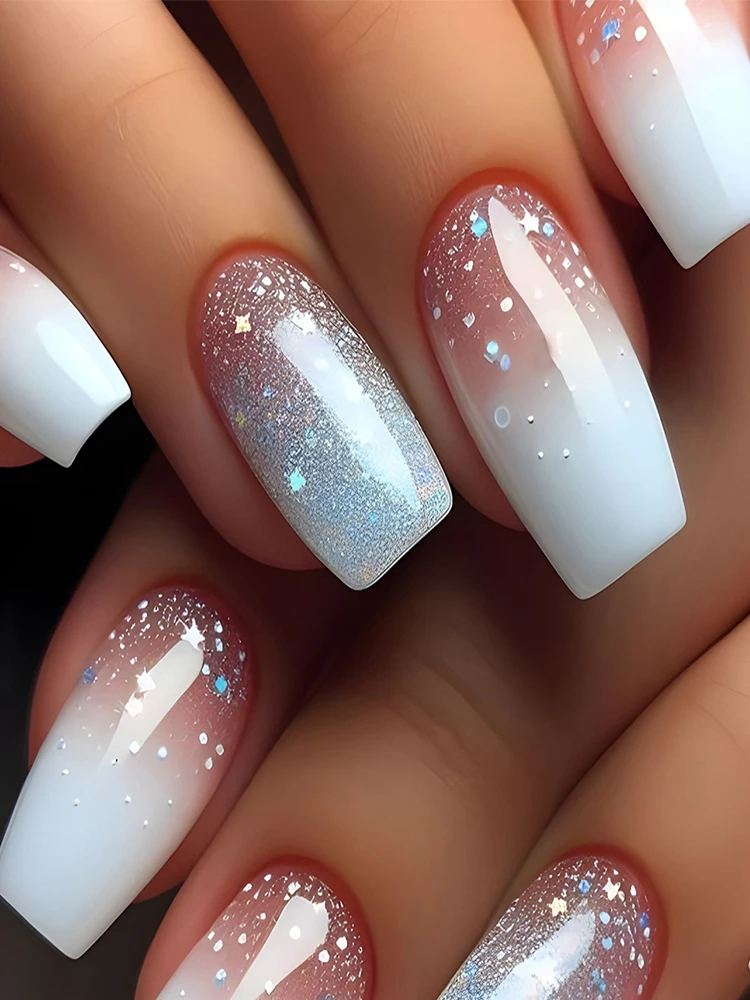 Faux-ongles courts et moyens à paillettes scintillantes, bouts d'ongles de ballet carrés, étoile étoilée, yeux de chat, presse sur l'ongle, 24 pièces/ensemble