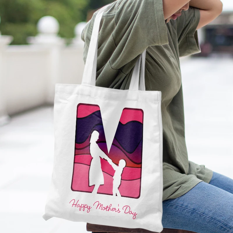 Happy Mother's Day Printed Canvas Bag Casual Large Handbag Mother's Exclusive Environmental Shopping Handbag Large Capacity Bag