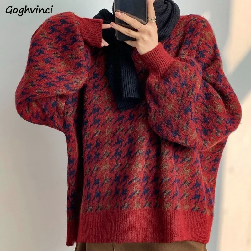 Women Pullover Patchwork Loose Lantern Sleeve Simple Knitted Sweater Female Elegant All-match Trendy Popular Streetwear Clothes