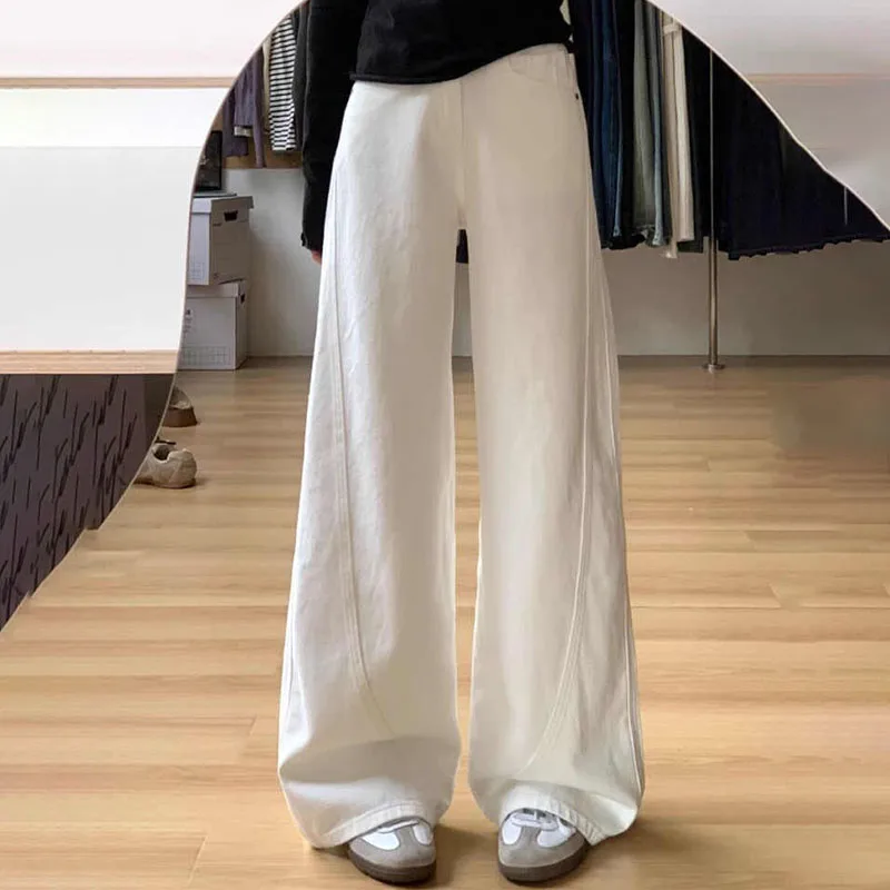 White Wide Leg Denim Pants Women Spring Summer High Waist Loose Straight Trousers High Street Casual Lady Jeans