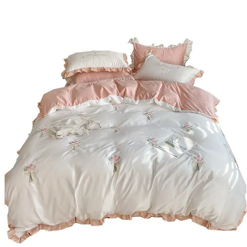 Tencel summer silk four-piece ice silk summer princess style girl bed sheet quilt cover mattress sleeping naked silky