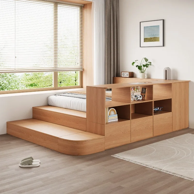 Solid wood tatami bed Storage bookshelf with drawers Bedroom bay window Multifunctional bed Steps high