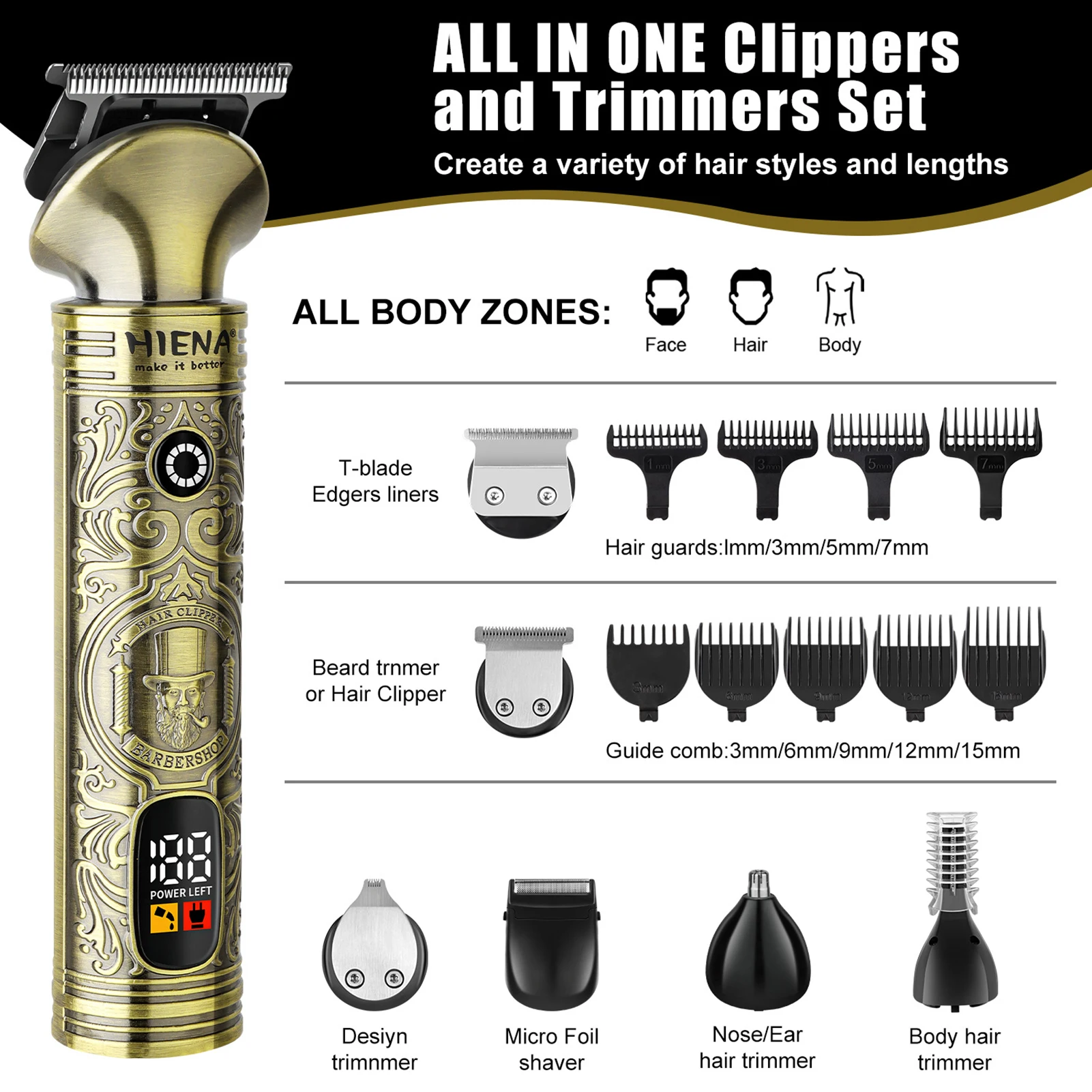 HIENA مجموعة تشذيب الشعر خمر نحت آلة قطع الشعر 1200mAh عالية الطاقة مقص الشعر صالون تصفيف الشعر الملحقات