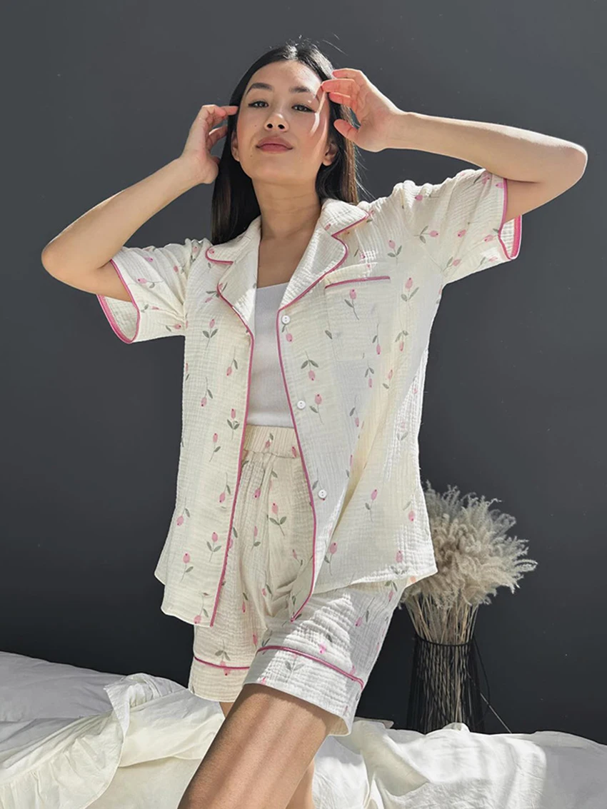 

Marthaqiqi хлопковые женские пижамы, костюм из 2 предметов, одежда для сна с короткими рукавами, ночная рубашка с отложным воротником, шорты, повседневная женская ночная рубашка, комплект