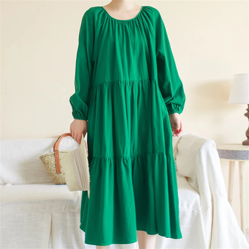 

Spring Autumn Cotton Solid Color Vintage Dresses For Women Casual Loose Long Vestidos Elegant Dress Office Lady Work Clothing