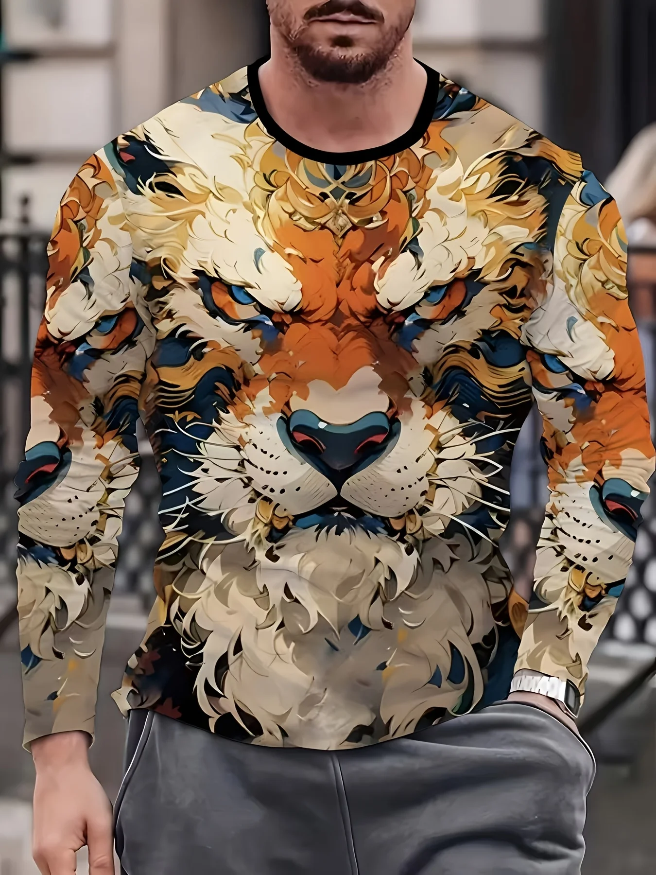 

Мужская футболка с длинным рукавом с креативным животным узором и 3D принтом, футболки с круглым вырезом и рисунком тигра, льва, медведя, осенняя повседневная мужская одежда